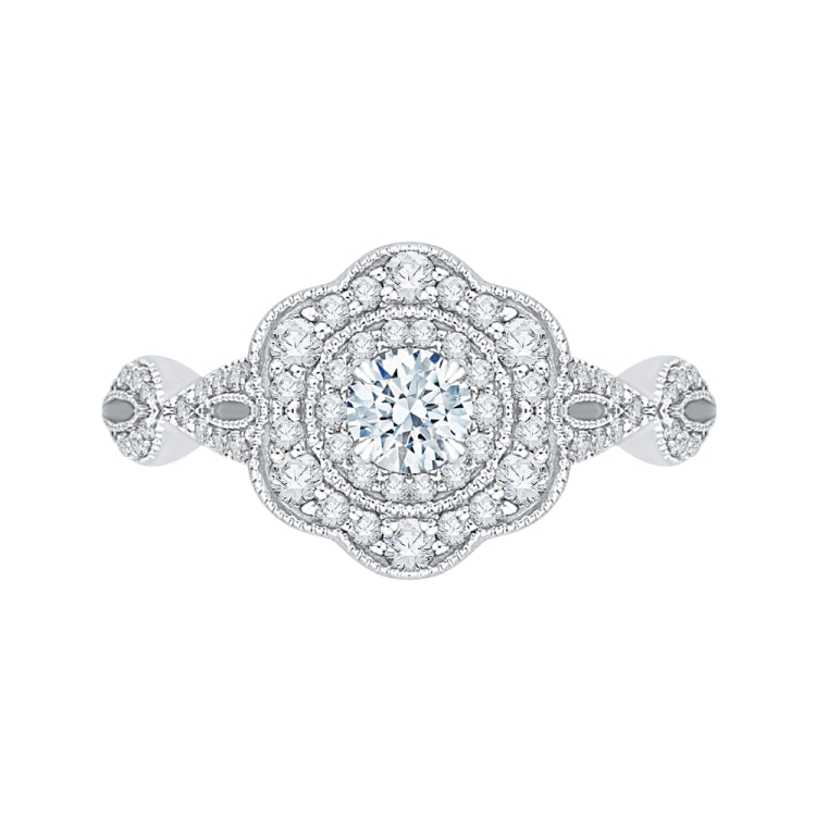 14K White Gold Round Diamond Floral Halo Engagement Ring