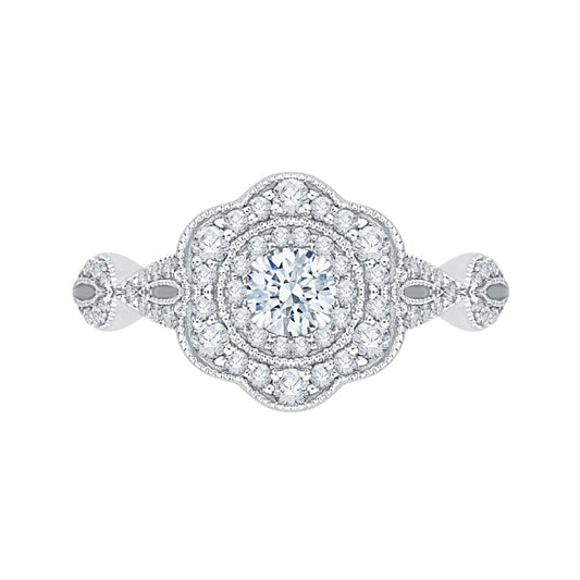 14K White Gold Round Diamond Floral Halo Engagement Ring