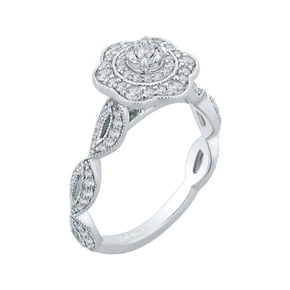 14K White Gold Round Diamond Floral Halo Engagement Ring