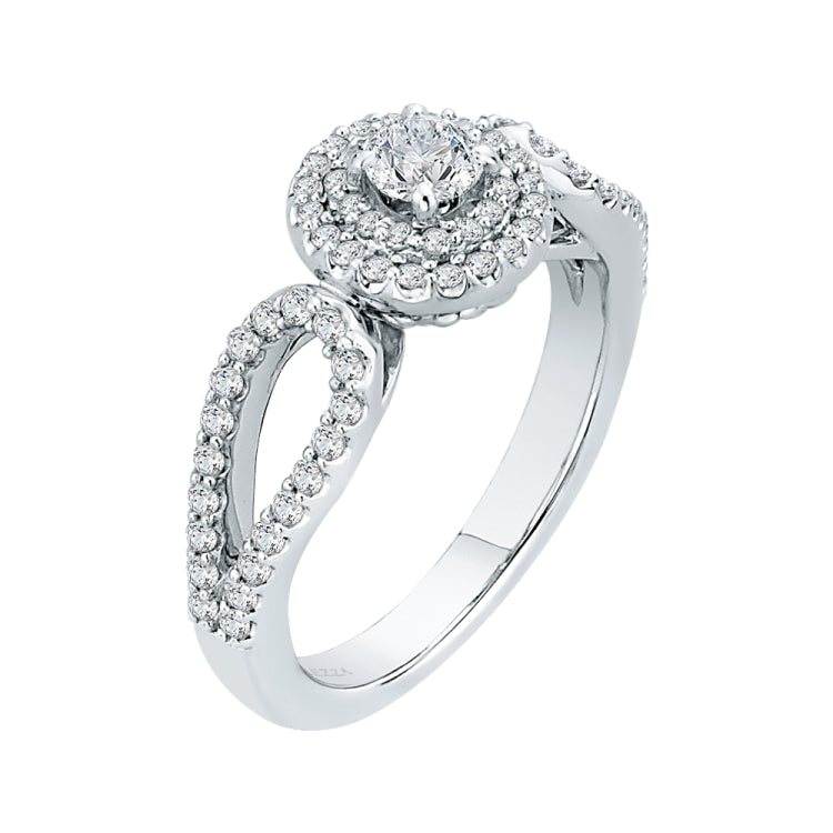 14K White Gold Round Diamond Double Halo Engagement Ring with Split Shank