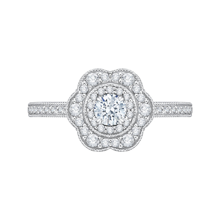 Round Diamond Floral Halo Engagement Ring In 14K White Gold