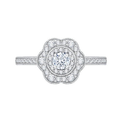 Round Diamond Floral Halo Engagement Ring In 14K White Gold