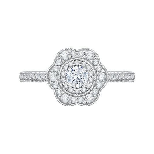 Round Diamond Floral Halo Engagement Ring In 14K White Gold