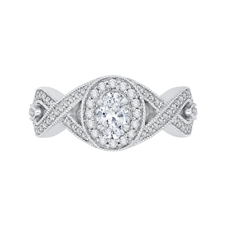 14K White Gold Oval Diamond Halo Engagement Ring with Split Shank