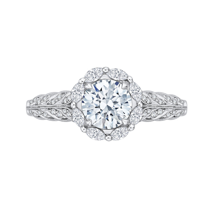 14K White Gold Round Diamond Floral Halo Engagement Ring (Semi-Mount)