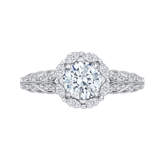 14K White Gold Round Diamond Floral Halo Engagement Ring (Semi-Mount)