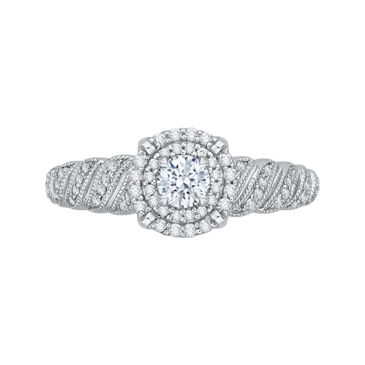 14K White Gold Round Diamond Double Halo Floral Engagement Ring