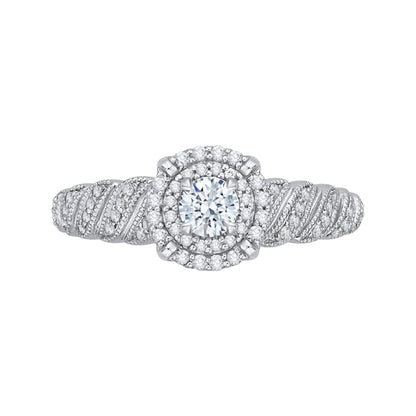 14K White Gold Round Diamond Double Halo Floral Engagement Ring