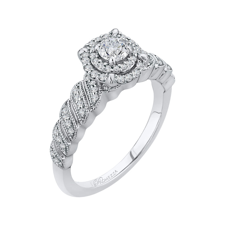 14K White Gold Round Diamond Double Halo Floral Engagement Ring