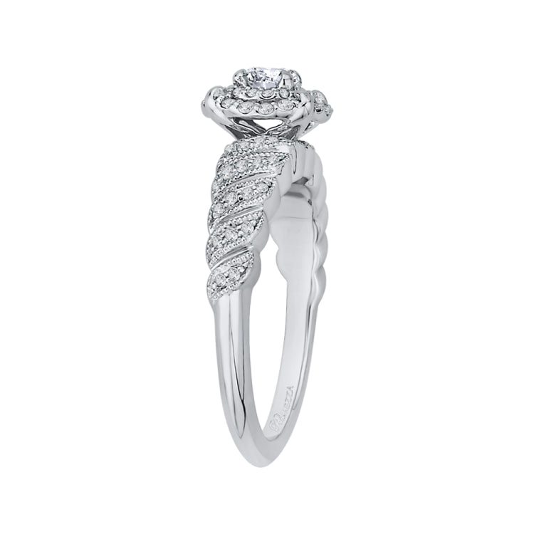 14K White Gold Round Diamond Double Halo Floral Engagement Ring