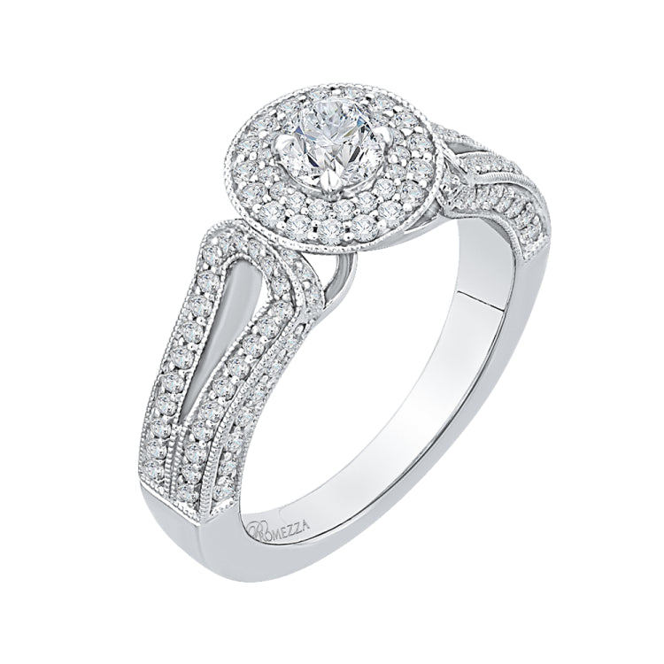 Round Diamond Double Halo Engagement Ring with Split Shank In 14K White Gold