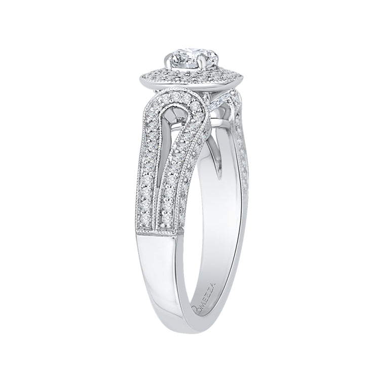 Round Diamond Double Halo Engagement Ring with Split Shank In 14K White Gold