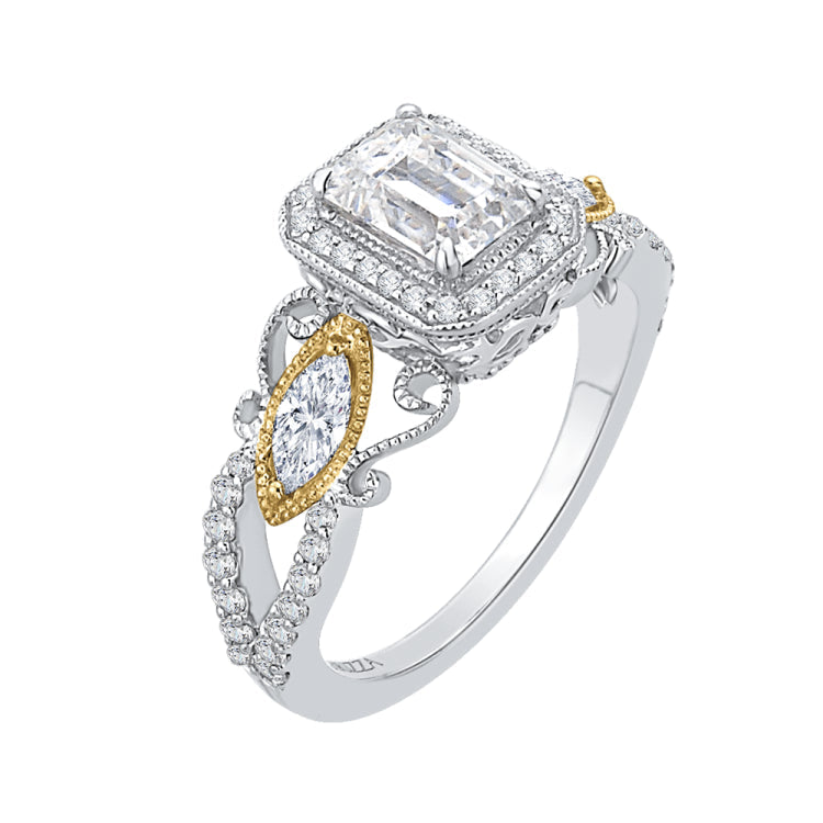 14K Two-Tone Gold Emerald Cut Diamond Halo Engagement Ring (Semi-Mount)