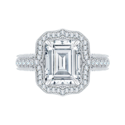 Emerald Cut Diamond Halo Bridal Engagement Ring In 18K White Gold (Semi-Mount)