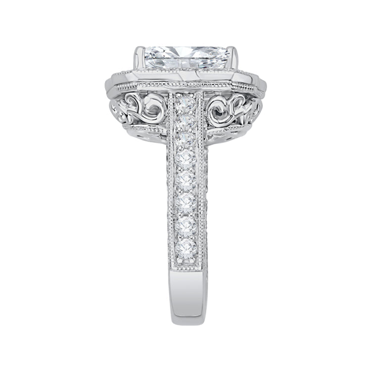 Emerald Cut Diamond Halo Bridal Engagement Ring In 18K White Gold (Semi-Mount)