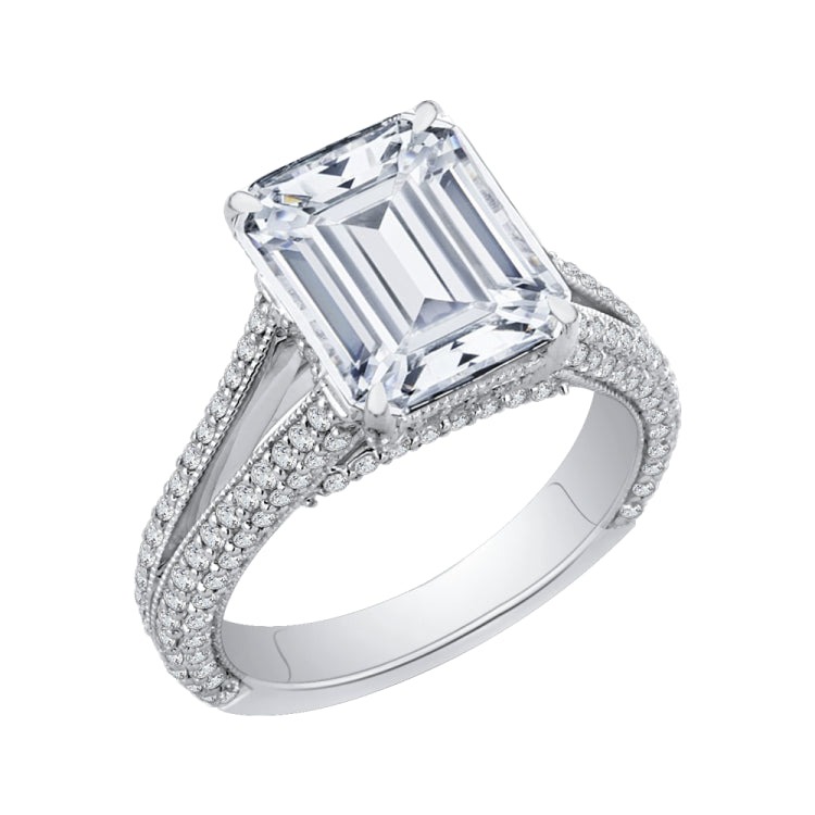 18K White Gold Emerald Cut Diamond Bridal Engagement Ring with Split Shank (Semi-Mount)