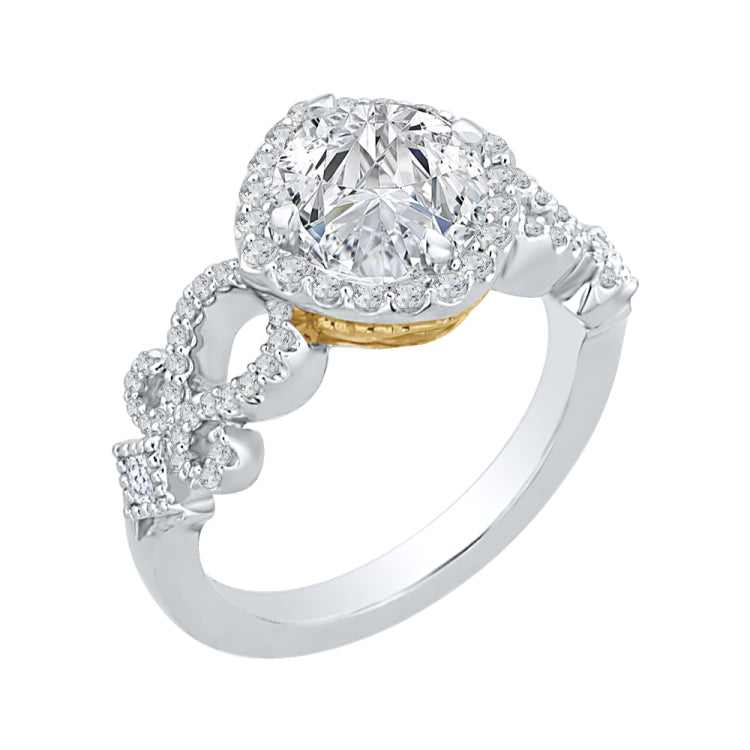 14K Two-Tone Gold Round Diamond Halo Engagement Ring with Split Shank (Semi-Mount)