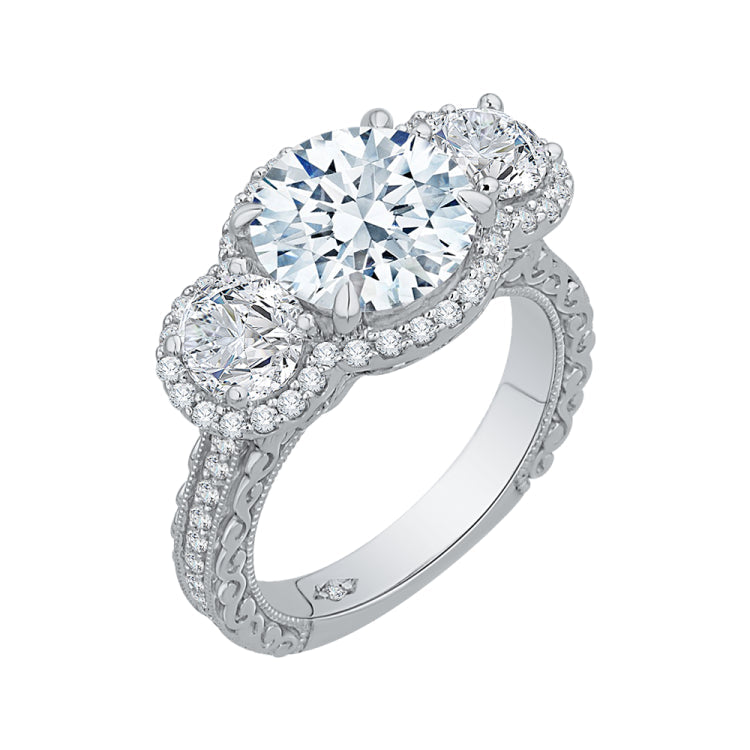 18K White Gold Round Cut Diamond Three-Stone Halo Engagement Ring (Semi-Mount)