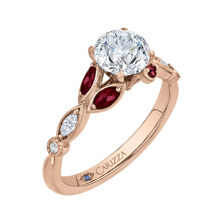 14K Rose Gold Round Diamond and Ruby Engagement Ring (Semi-Mount)