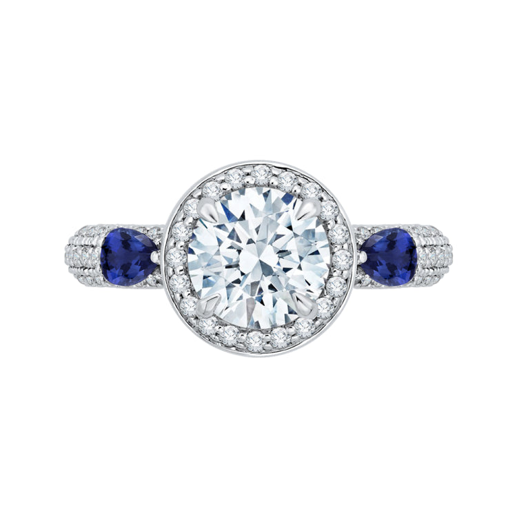 14K White Gold Round Diamond Halo Engagement Ring with Sapphire (Semi-Mount)