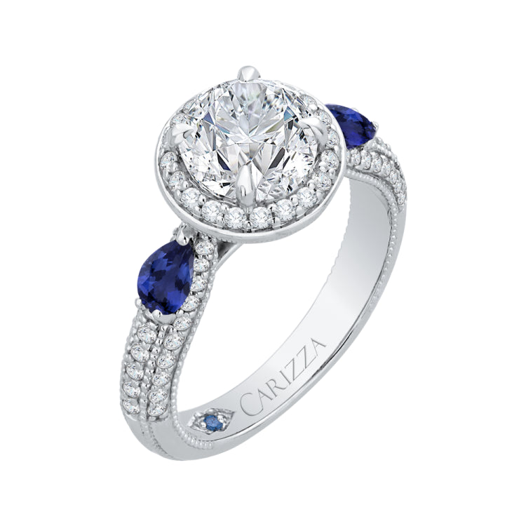 14K White Gold Round Diamond Halo Engagement Ring with Sapphire (Semi-Mount)