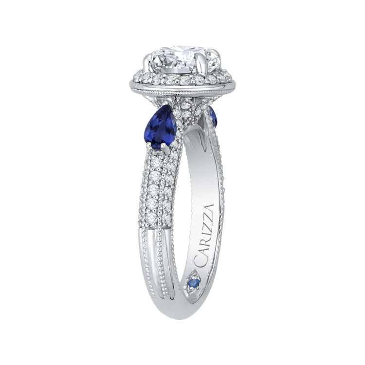 14K White Gold Round Diamond Halo Engagement Ring with Sapphire (Semi-Mount)