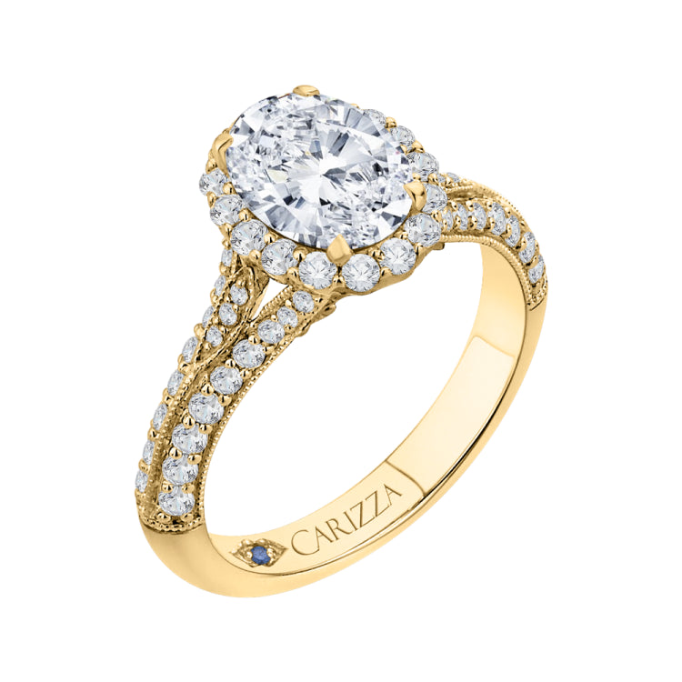 Oval Diamond Halo Vintage Engagement Ring In 14K Yellow Gold (Semi-Mount)