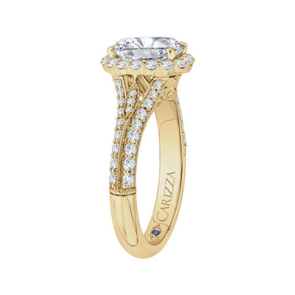 Oval Diamond Halo Vintage Engagement Ring In 14K Yellow Gold (Semi-Mount)