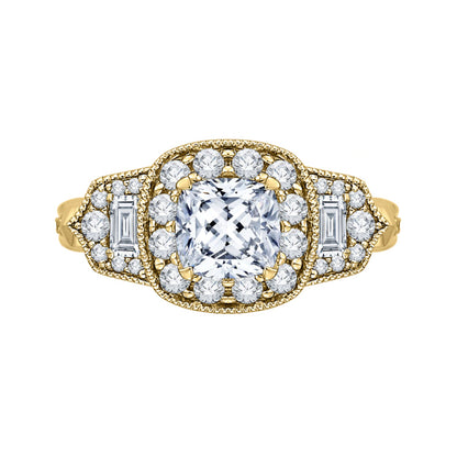 14K Yellow Gold Cushion Diamond Halo Vintage Engagement Ring (Semi-Mount)