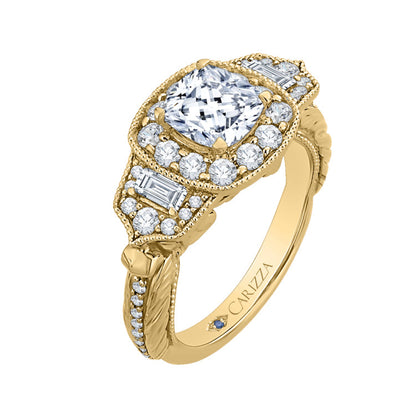 14K Yellow Gold Cushion Diamond Halo Vintage Engagement Ring (Semi-Mount)