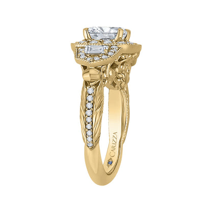 14K Yellow Gold Cushion Diamond Halo Vintage Engagement Ring (Semi-Mount)