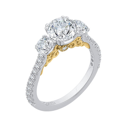 14K Two-Tone Gold Round Diamond Three-Stone Engagement Ring (Semi-Mount)