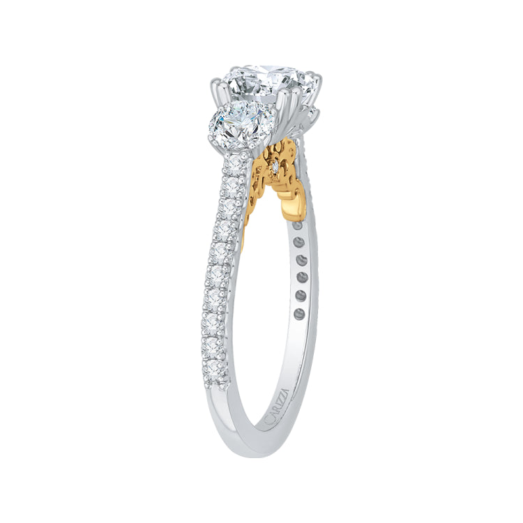 14K Two-Tone Gold Round Diamond Three-Stone Engagement Ring (Semi-Mount)