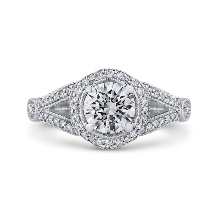 14K White Gold Round Diamond Floral Halo Engagement Ring with Split Shank (Semi-Mount)