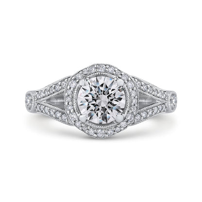 14K White Gold Round Diamond Floral Halo Engagement Ring with Split Shank (Semi-Mount)