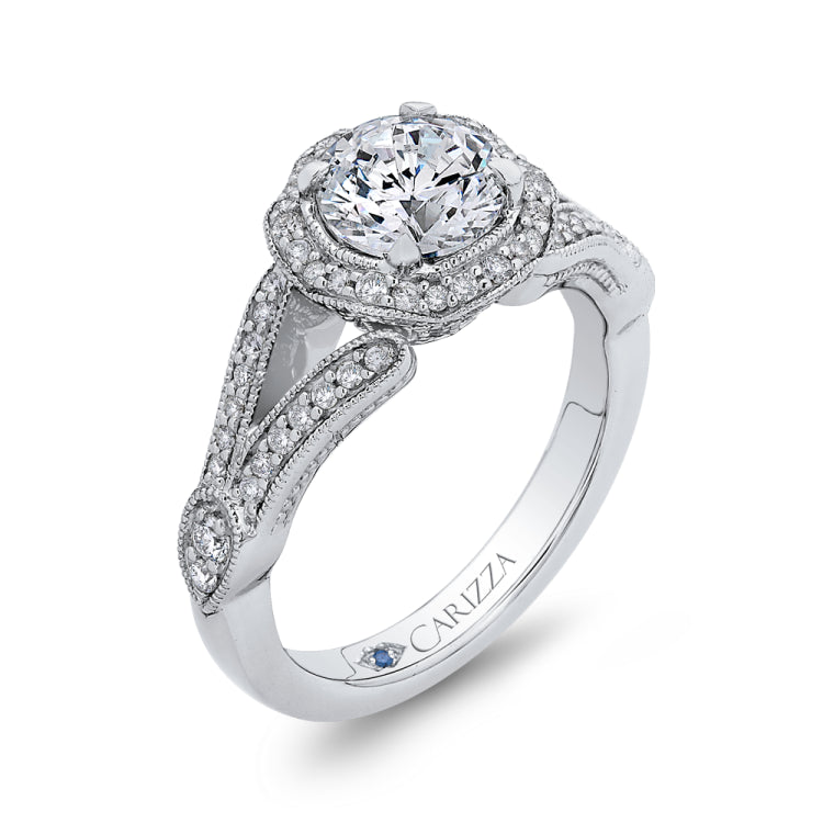 14K White Gold Round Diamond Floral Halo Engagement Ring with Split Shank (Semi-Mount)