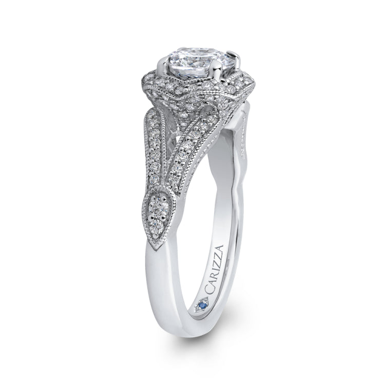 14K White Gold Round Diamond Floral Halo Engagement Ring with Split Shank (Semi-Mount)