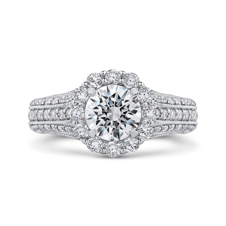 Round Diamond Halo Engagement Ring with Split Shank In 14K White Gold (Semi-Mount)