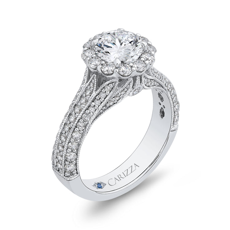 Round Diamond Halo Engagement Ring with Split Shank In 14K White Gold (Semi-Mount)