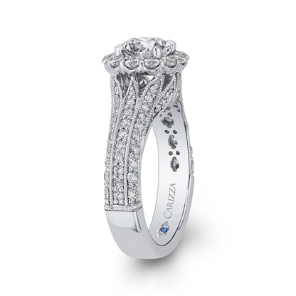 Round Diamond Halo Engagement Ring with Split Shank In 14K White Gold (Semi-Mount)