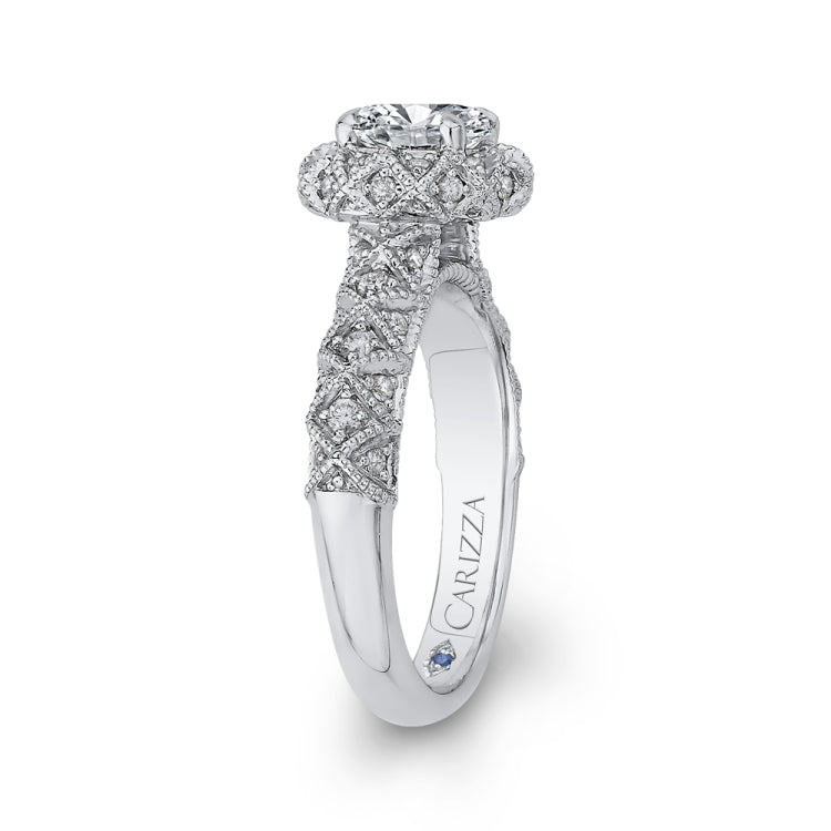 14K White Gold Round Cut Diamond Flower Halo Engagement Ring (Semi-Mount)