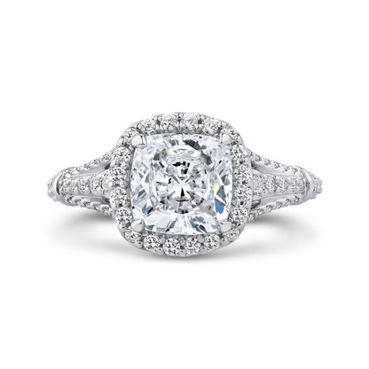 14K White Gold Cushion Diamond Halo Engagement Ring with Split Shank (Semi-Mount)