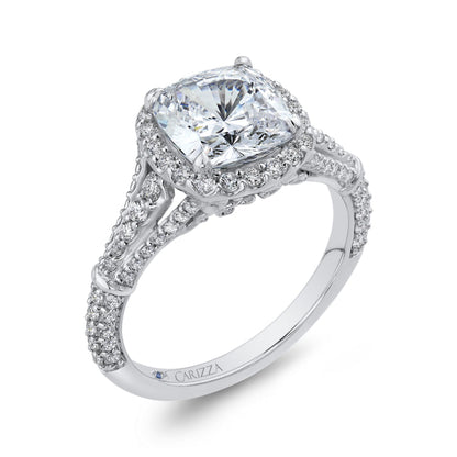 14K White Gold Cushion Diamond Halo Engagement Ring with Split Shank (Semi-Mount)