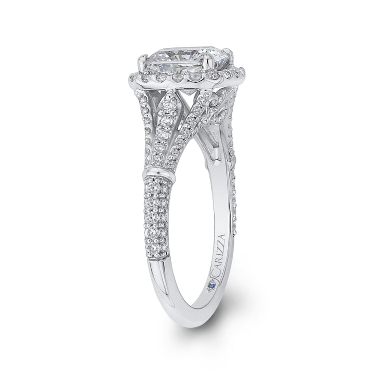 14K White Gold Cushion Diamond Halo Engagement Ring with Split Shank (Semi-Mount)