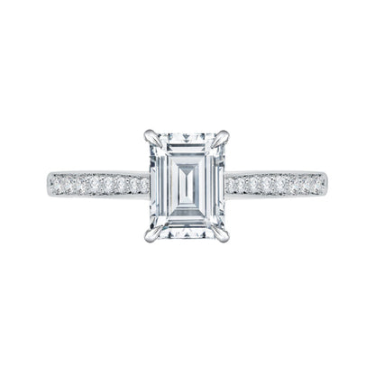 Emerald Cut Diamond Solitaire with Accents Engagement Ring In 14K White Gold (Semi-Mount)