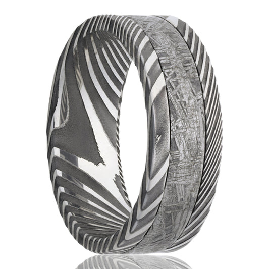 Damascus Meteorite Inlay Ring - Flat Comfort Fit