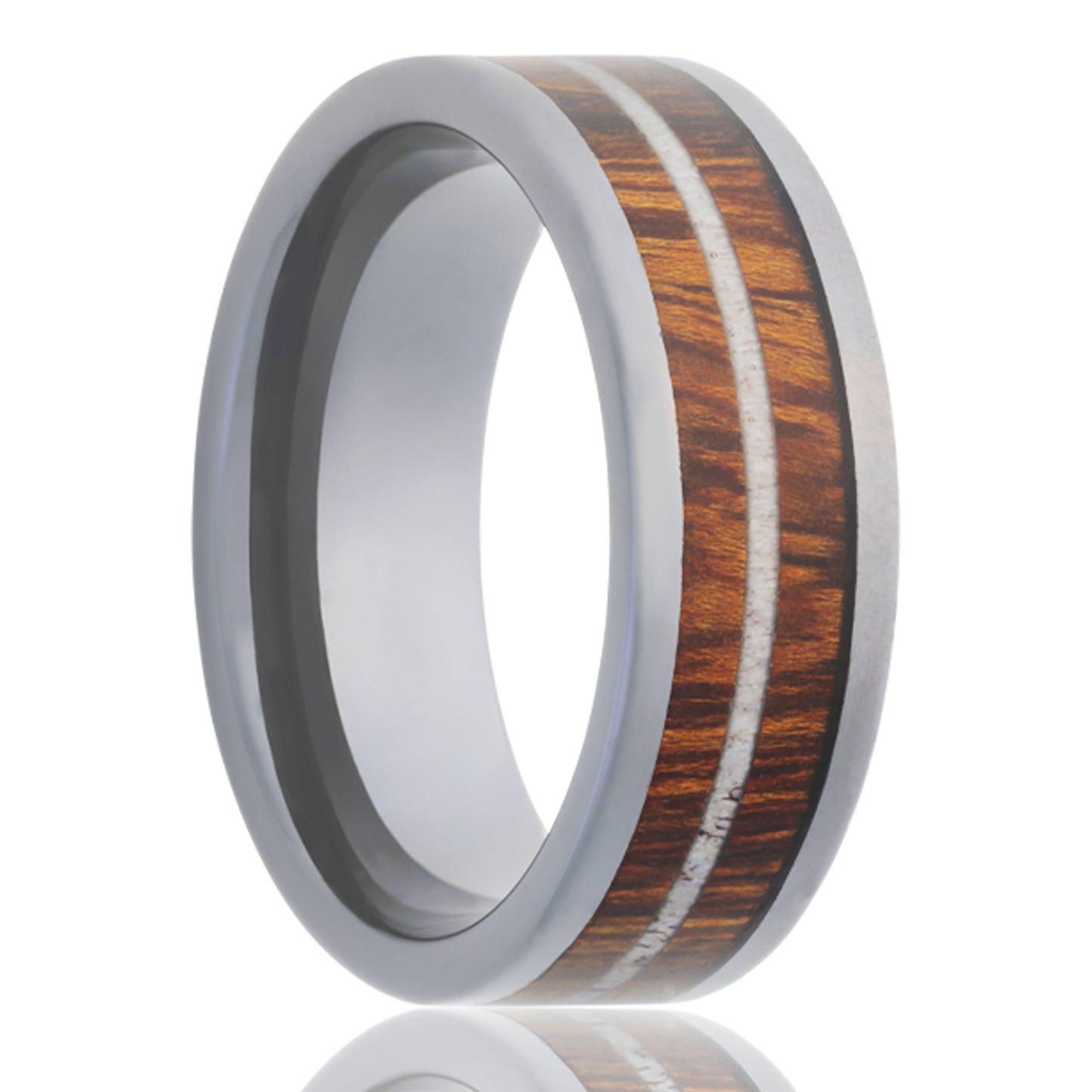Tungsten Comfort Fit Polished Ring with Wood and Antler Inlay