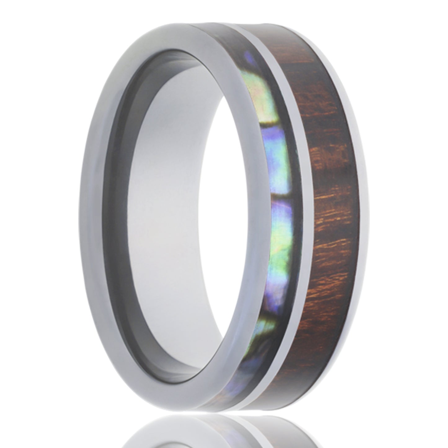 Tungsten Comfort Fit Polished Ring with Wood and Abalone Inlay