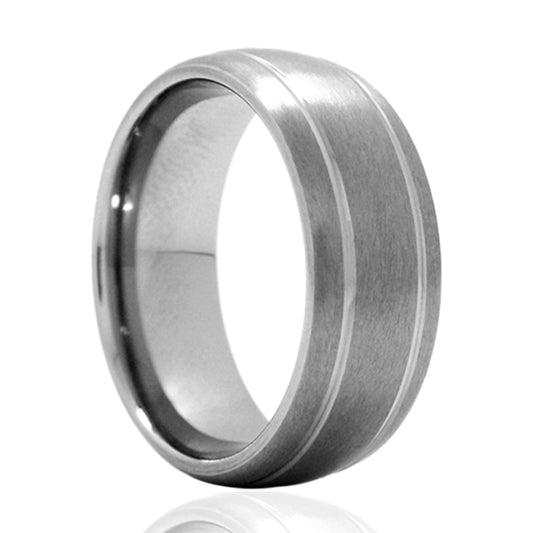 Tungsten Dome Satin Ring with Offset Grooves
