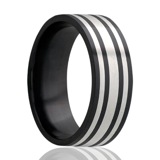 Zirconium Comfort Fit Ring with Sterling Silver Inlays